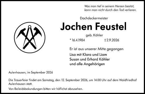 Traueranzeige von Jochen Feustel von Weilburger Tageblatt