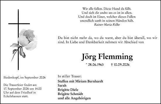 Traueranzeige von Jörg Flemming von Hinterländer Anzeiger