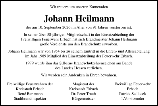 Traueranzeige von Johann Heilmann von Odenwälder Echo