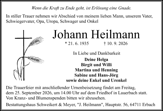 Traueranzeige von Johann Heilmann von Odenwälder Echo
