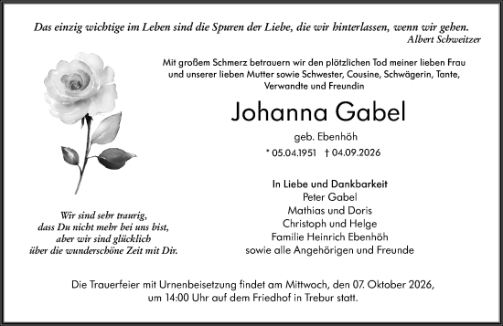 Traueranzeige von Johanna Gabel von Rüsselsheimer Echo