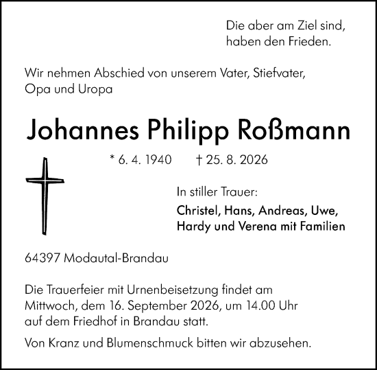 Traueranzeige von Johannes Philipp Roßmann von Darmstädter Echo