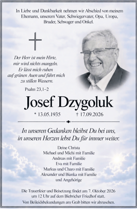 Traueranzeige von Josef Dzygoluk von Wiesbadener Kurier