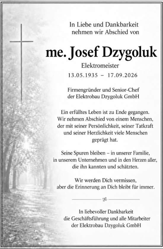 Traueranzeige von Josef Dzygoluk von Wiesbadener Kurier