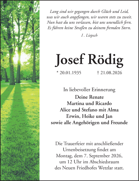 Traueranzeige von Josef Rödig von Wetzlarer Neue Zeitung