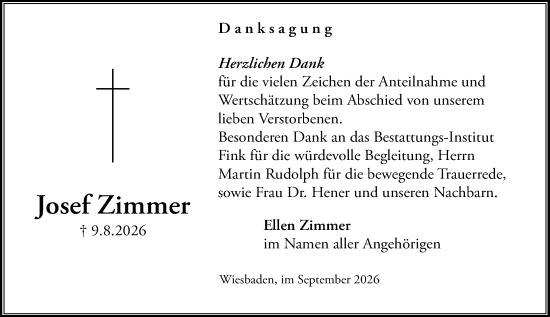 Traueranzeige von Josef Zimmer von Wiesbadener Kurier