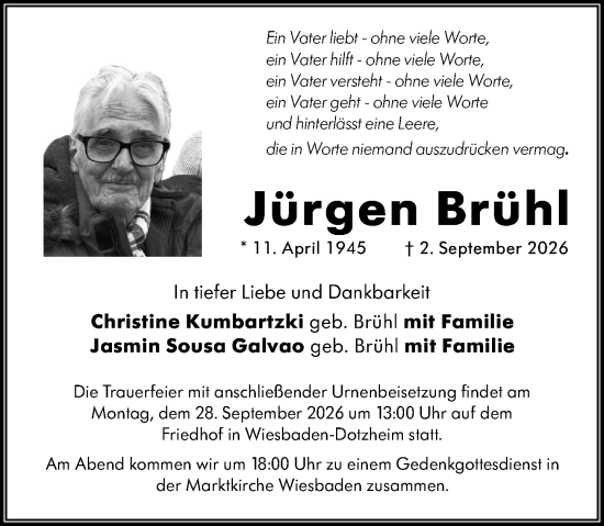 Traueranzeige von Jürgen Brühl von Wiesbadener Kurier