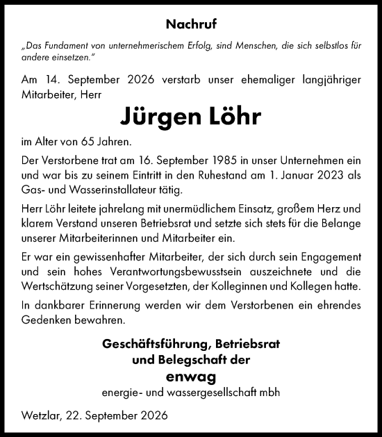 Traueranzeige von Jürgen Löhr von Wetzlarer Neue Zeitung