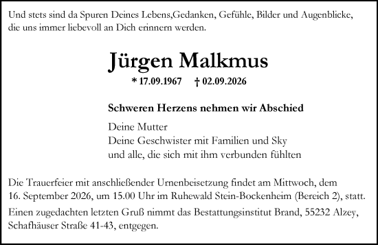 Traueranzeige von Jürgen Malkmus von Allgemeine Zeitung Alzey