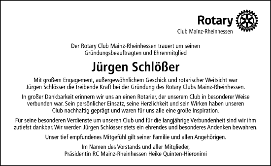 Traueranzeige von Jürgen Schlösser von Allgemeine Zeitung Rheinhessen-Nahe