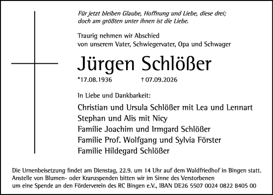 Traueranzeige von Jürgen Schlößer von Allgemeine Zeitung Rheinhessen-Nahe