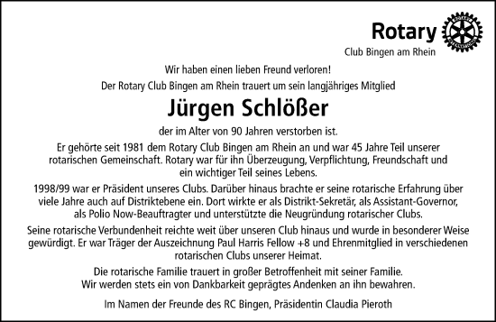 Traueranzeige von Jürgen Schlößer von Allgemeine Zeitung Rheinhessen-Nahe