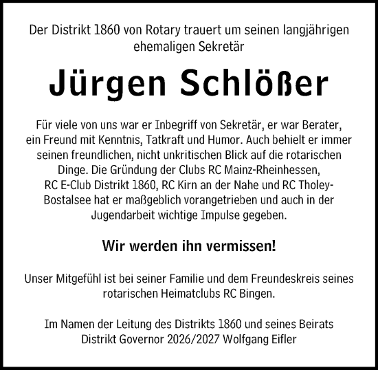 Traueranzeige von Jürgen Schlößer von Allgemeine Zeitung Rheinhessen-Nahe