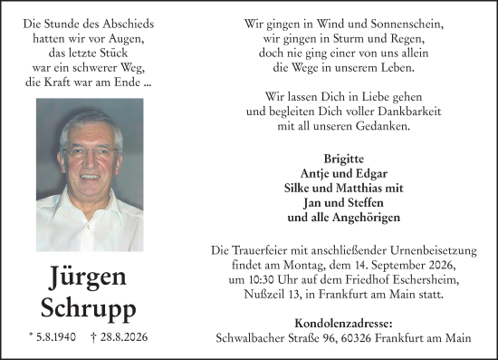 Traueranzeige von Jürgen Schrupp von Weilburger Tageblatt