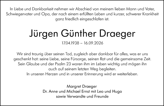 Traueranzeige von Jürgen Günther Draeger von Allgemeine Zeitung Mainz