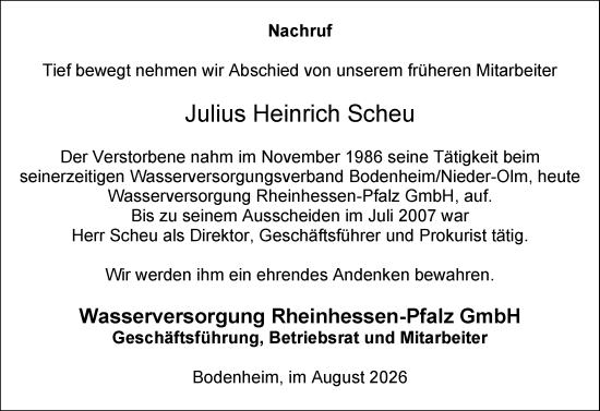 Traueranzeige von Julius Heinrich Scheu von Allgemeine Zeitung Alzey