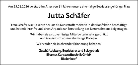 Traueranzeige von Jutta Schäfer von Hinterländer Anzeiger