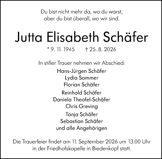 Traueranzeige von Jutta Elisabeth Schäfer von Hinterländer Anzeiger