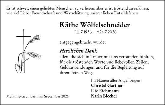 Traueranzeige von Käthe Wölfelschneider von Odenwälder Echo