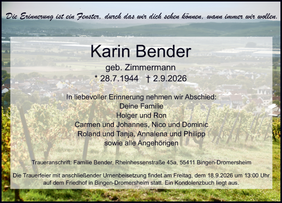 Traueranzeige von Karin Bender von Allgemeine Zeitung Rheinhessen-Nahe