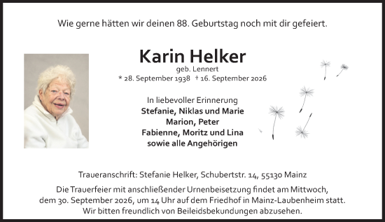 Traueranzeige von Karin Helker von Allgemeine Zeitung Mainz