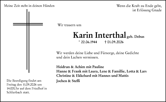 Traueranzeige von Karin Interthal von Hinterländer Anzeiger