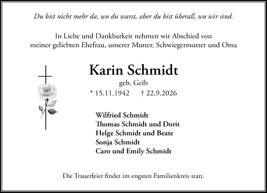 Traueranzeige von Karin Schmidt von Wiesbadener Kurier