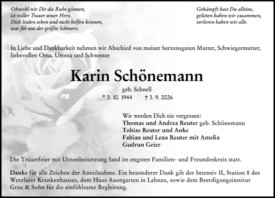 Traueranzeige von Karin Schönemann von Wetzlarer Neue Zeitung