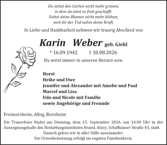 Traueranzeige von Karin Weber von Allgemeine Zeitung Alzey