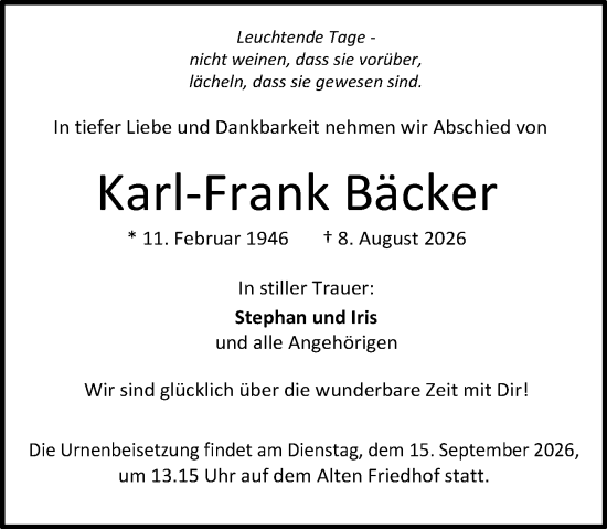 Traueranzeige von Karl-Frank Bäcker von Darmstädter Echo