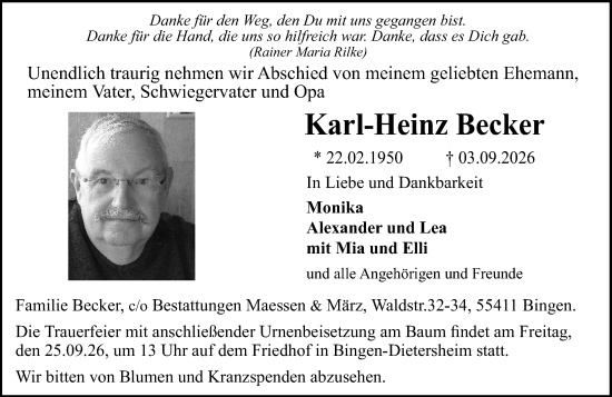 Traueranzeige von Karl-Heinz Becker von Binger-/Ingelheimer Wochenblatt