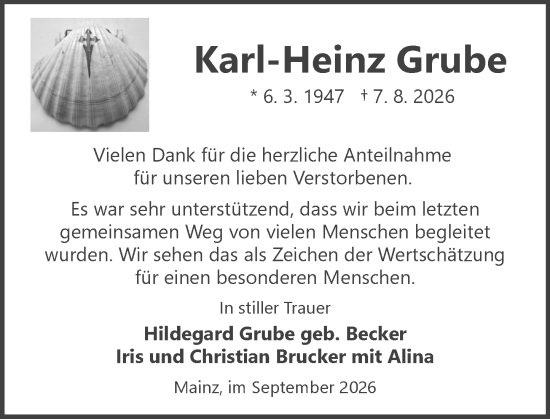 Traueranzeige von Karl-Heinz Grube von Allgemeine Zeitung Mainz