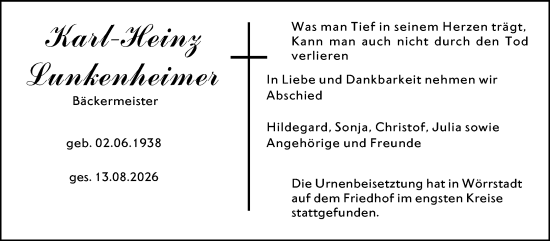 Traueranzeige von Karl-Heinz Lunkenheimer von Allgemeine Zeitung Rheinhessen-Nahe