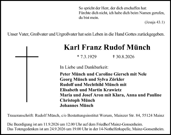 Traueranzeige von Karl Franz Rudolf Münch von Allgemeine Zeitung Mainz