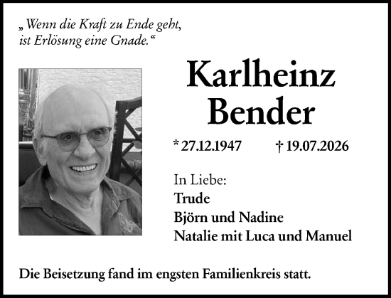 Traueranzeige von Karlheinz Bender von Wiesbadener Kurier
