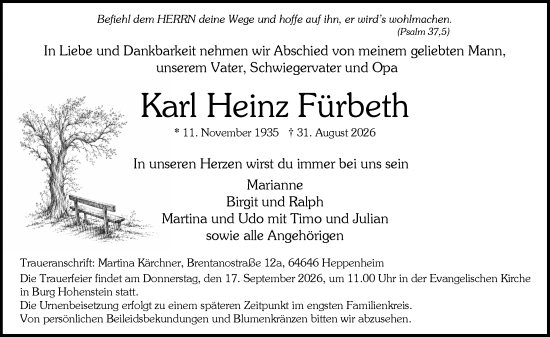 Traueranzeige von Karl Heinz Fürbeth von Idsteiner Land/Untertaunus