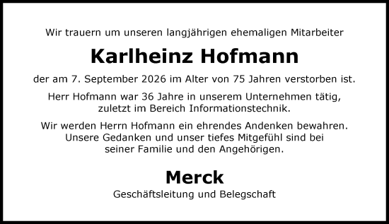 Traueranzeige von Karlheinz Hofmann von Darmstädter Echo