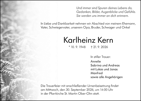 Traueranzeige von Karlheinz Kern von Allgemeine Zeitung Mainz