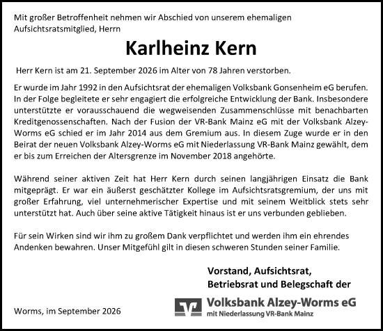 Traueranzeige von Karlheinz Kern von Allgemeine Zeitung Mainz