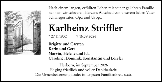 Traueranzeige von Karlheinz Striffler von Dill Block
