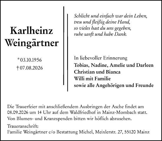 Traueranzeige von Karlheinz Weingärtner von Allgemeine Zeitung Mainz