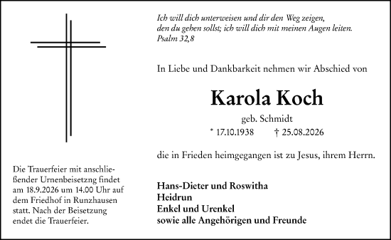 Traueranzeige von Karola Koch von Hinterländer Anzeiger