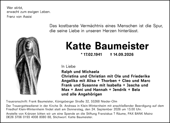 Traueranzeige von Katte Baumeister von Allgemeine Zeitung Alzey