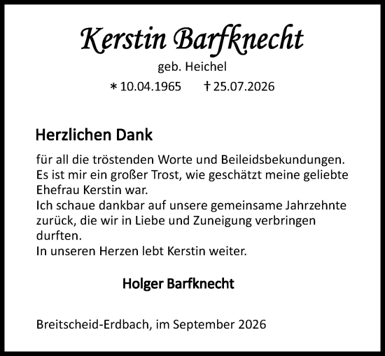 Traueranzeige von Kerstin Barfknecht von Dill Block