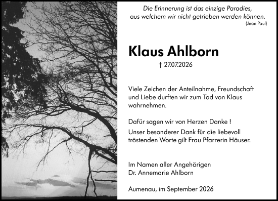 Traueranzeige von Klaus Ahlborn von Weilburger Tageblatt