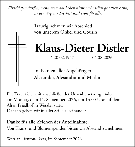 Traueranzeige von Klaus-Dieter Distler von Wetzlarer Neue Zeitung