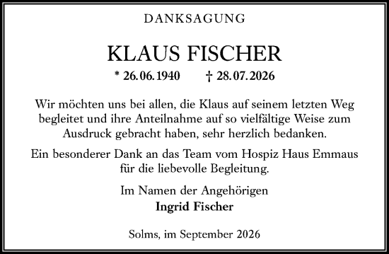 Traueranzeige von Klaus Fischer von Wetzlarer Neue Zeitung