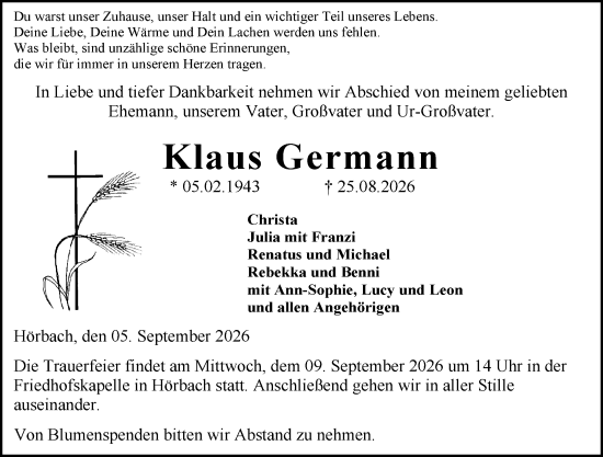 Traueranzeige von Klaus Germann von Dill Block