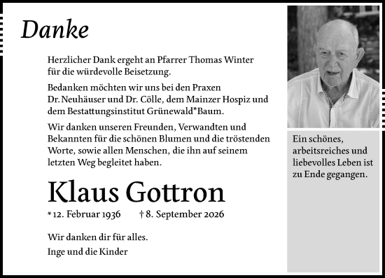 Traueranzeige von Klaus Gottron von Allgemeine Zeitung Mainz
