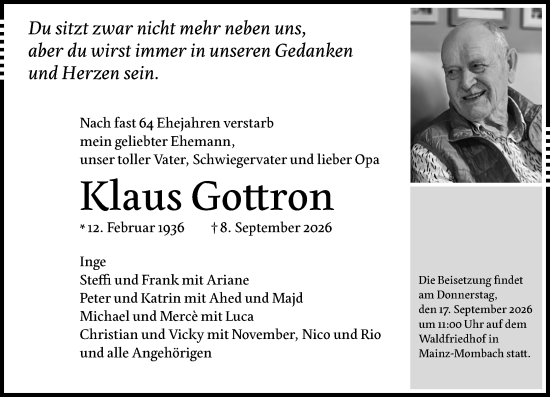 Traueranzeige von Klaus Gottron von Allgemeine Zeitung Mainz